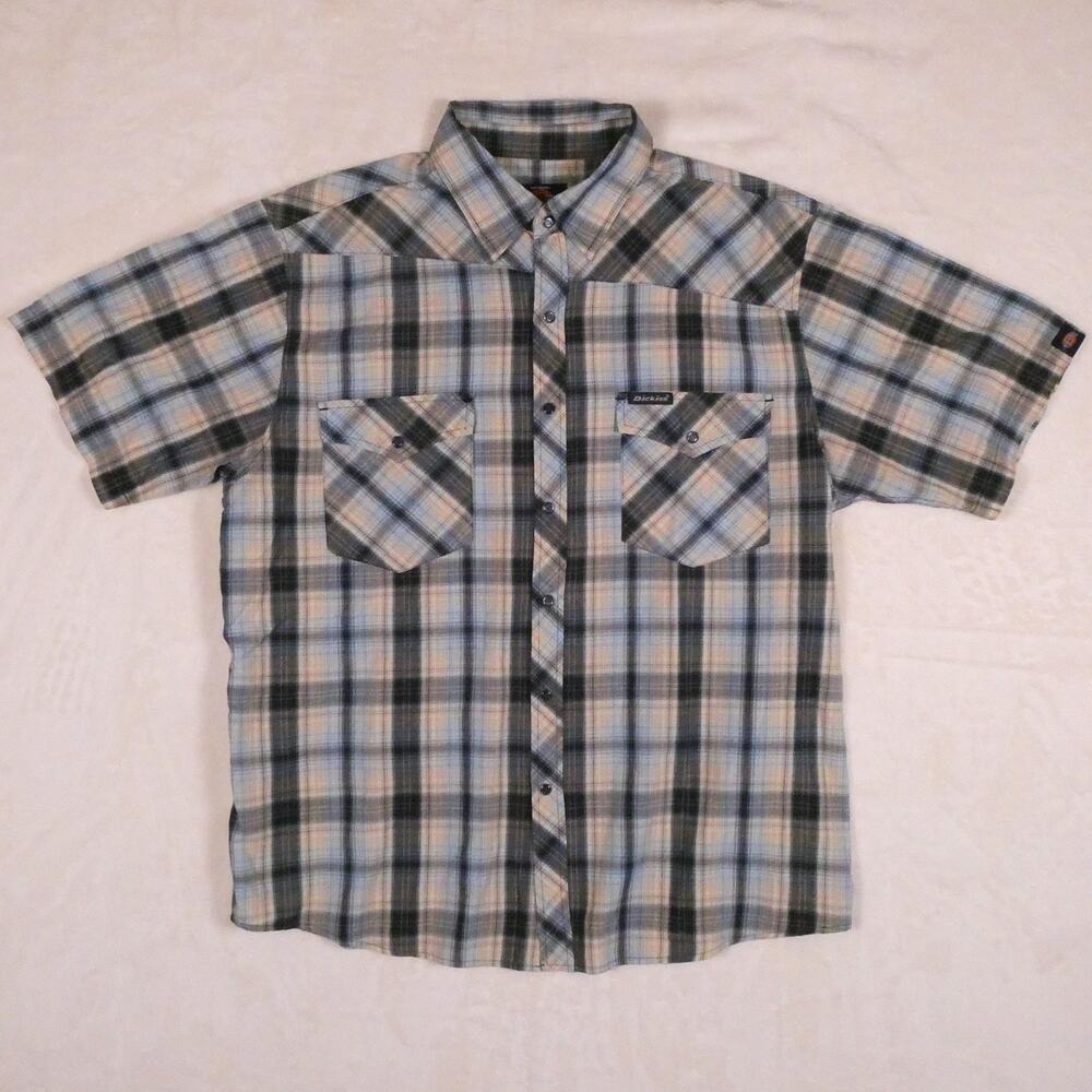 Dickies Snap Front Button Down Shirt Size XL Blue Tan Plaid Western Pockets
